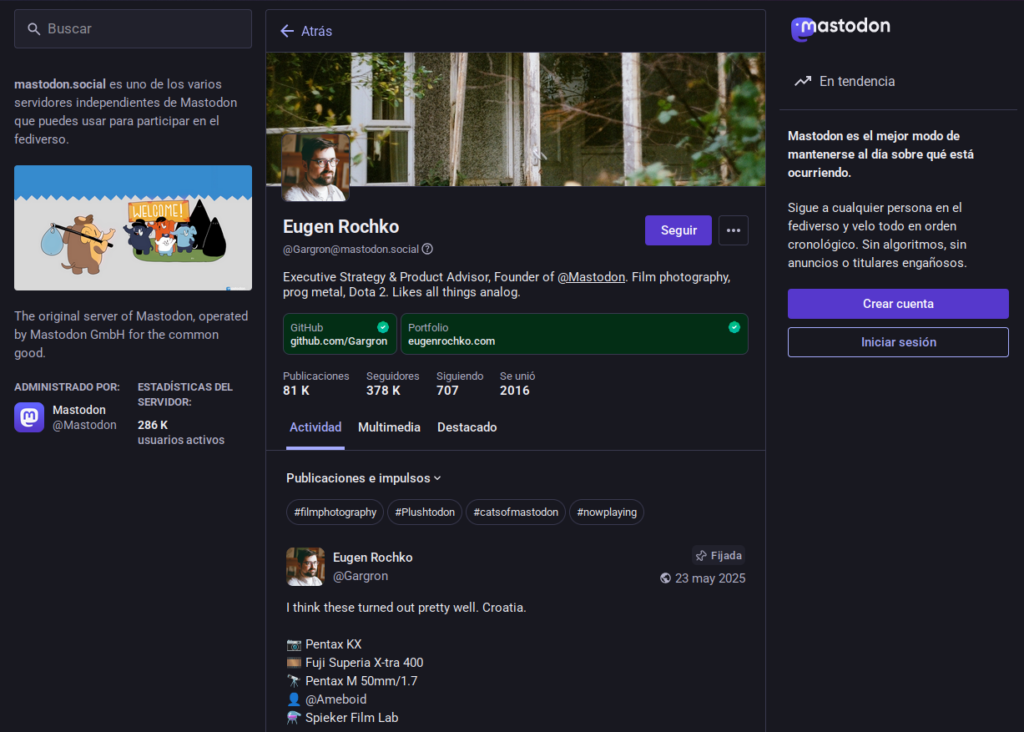 Pantallazo del perfil de Gargron en mastodon.social