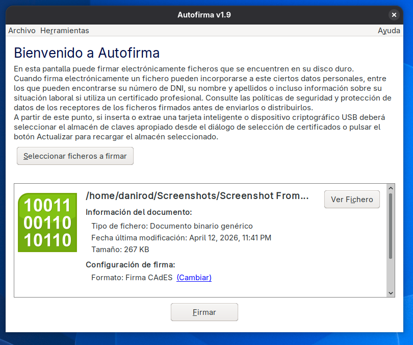 Pantallazo de la aplicación Autofirma mostrando la información para firmar un archivo.