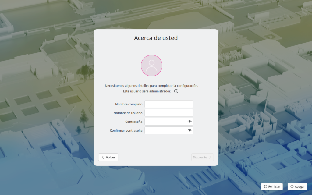 Pantallazo de plasma-setup preguntando al usuario su nombre y su contraseña.