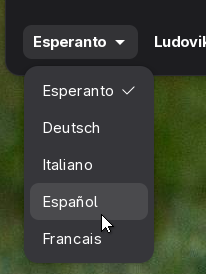 Un desplegable muestra idiomas: Esperanto, Alemán, Italiano, Español y Francés.