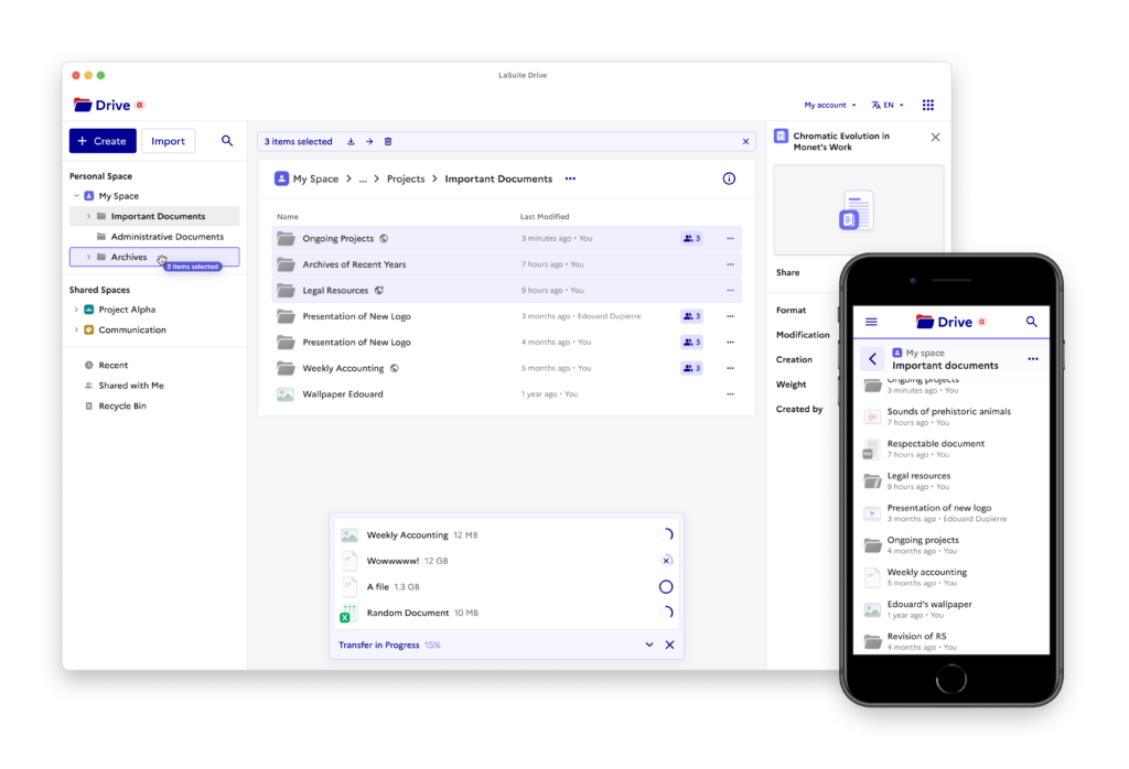 Un pantallazo de Drive muestra un explorador de archivos en un navegador web, y otro en la pantalla de un smartphone.