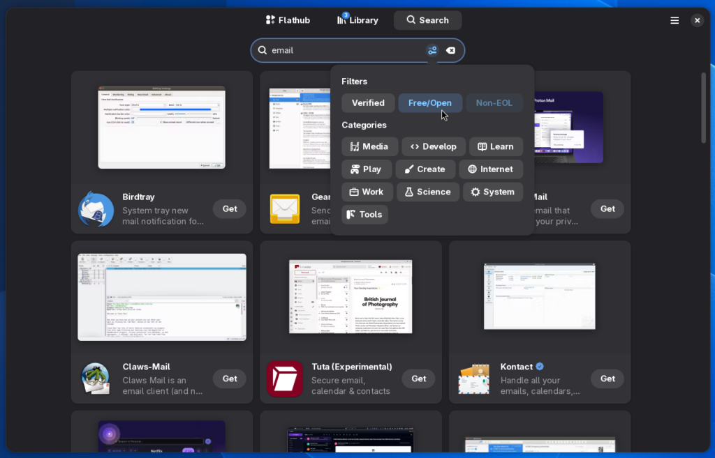 Captura de pantalla de Bazaar mostrando los filtros de búsqueda. Hay varios botones que dicen FOSS, EOL, y categorías de software.