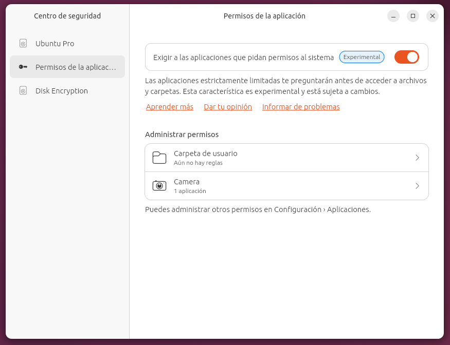Pantallazo del Centro de Seguridad de Ubuntu