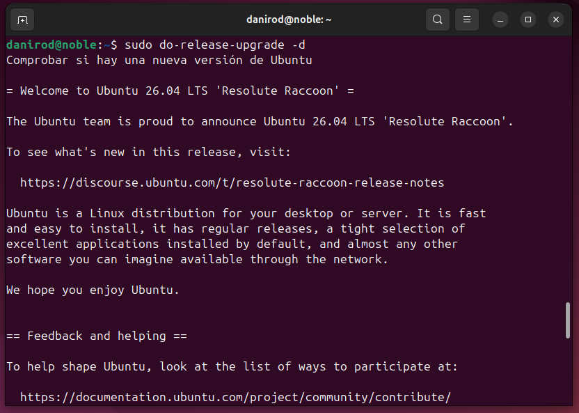 Terminal de Ubuntu mostrando la primera pantalla del proceso de instalación.