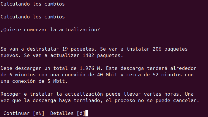 El actualizador de línea de comandos mostrando un resumen de los cambios y la pregunta de si actualizar o no.