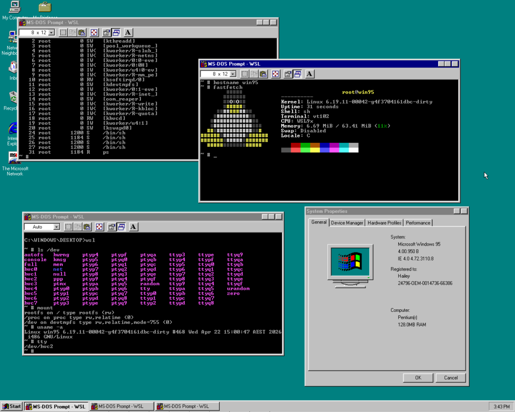 Pantallazo de Windows 95 mostrando una terminal Linux ejecutando fastfetch, así como otras terminales.