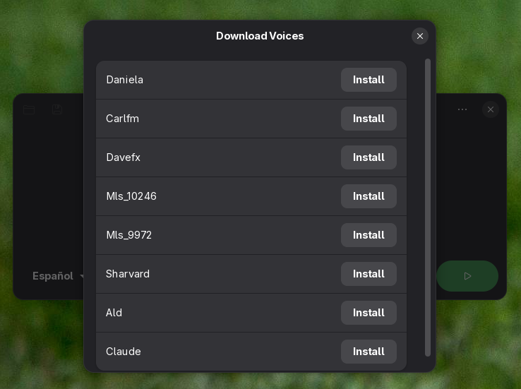 Una ventana llamada Descargar voces muestra una lista con varios nombres de voz. Junto a cada uno hay un botón que dice Instalar.