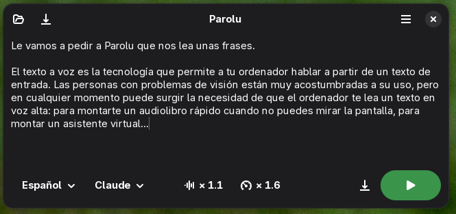 Pantallazo de Parolu una vez que he cargado un texto de prueba sacado de este artículo.